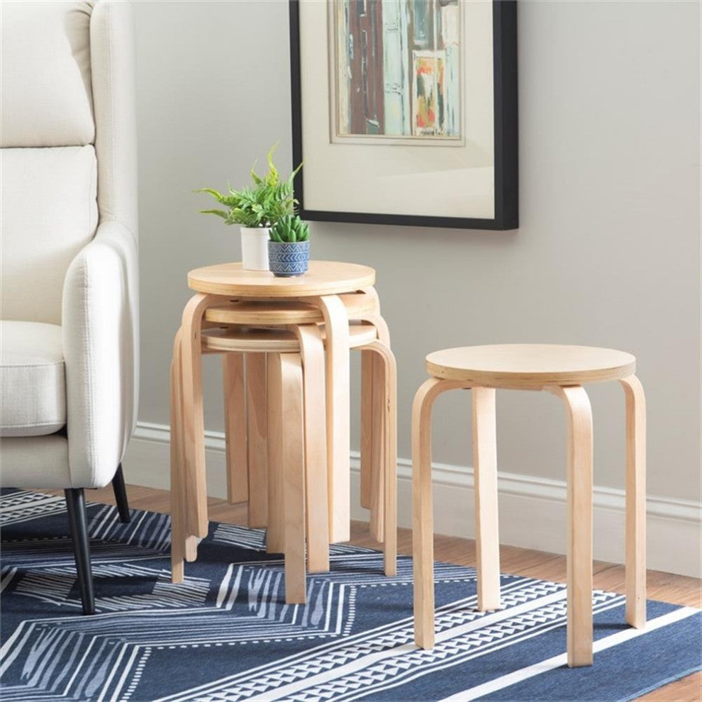 Linon Tenley Bentwood 18" Wood Round Stool in Natural Brown (Set of 4)