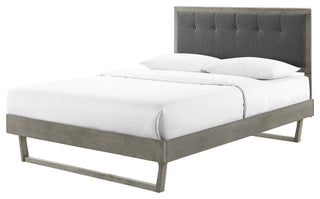 Platform Bed Frame, Queen Size, Fabric, Wood, Gray, Modern Mid-Century