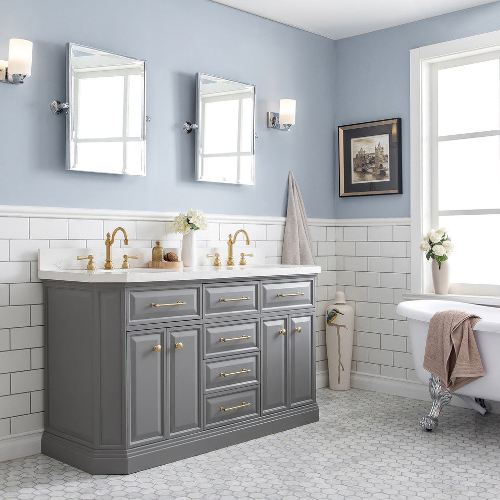 60" Palace Quartz Carrara Cashmere Gray Vanity With Satin Brass and Mirrors