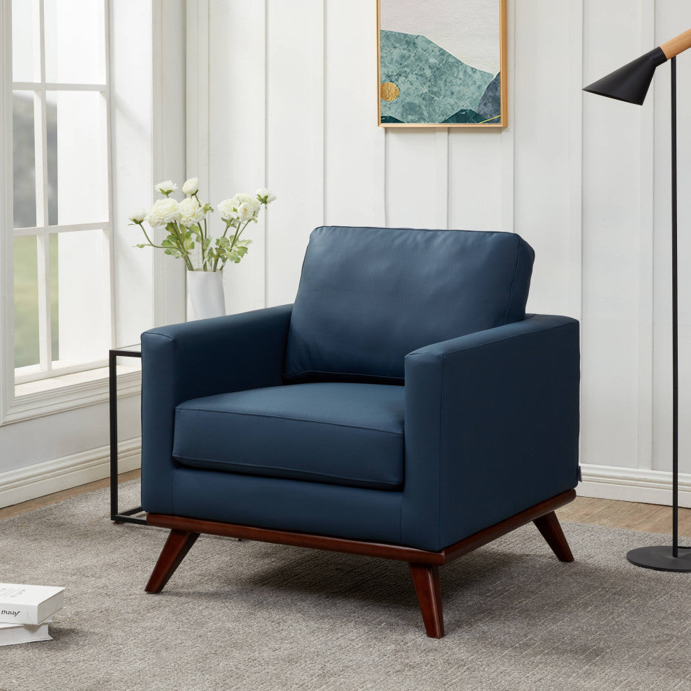 LeisureMod Chester Mid-Century Modern Faux Leather Accent Arm Chair, Navy Blue