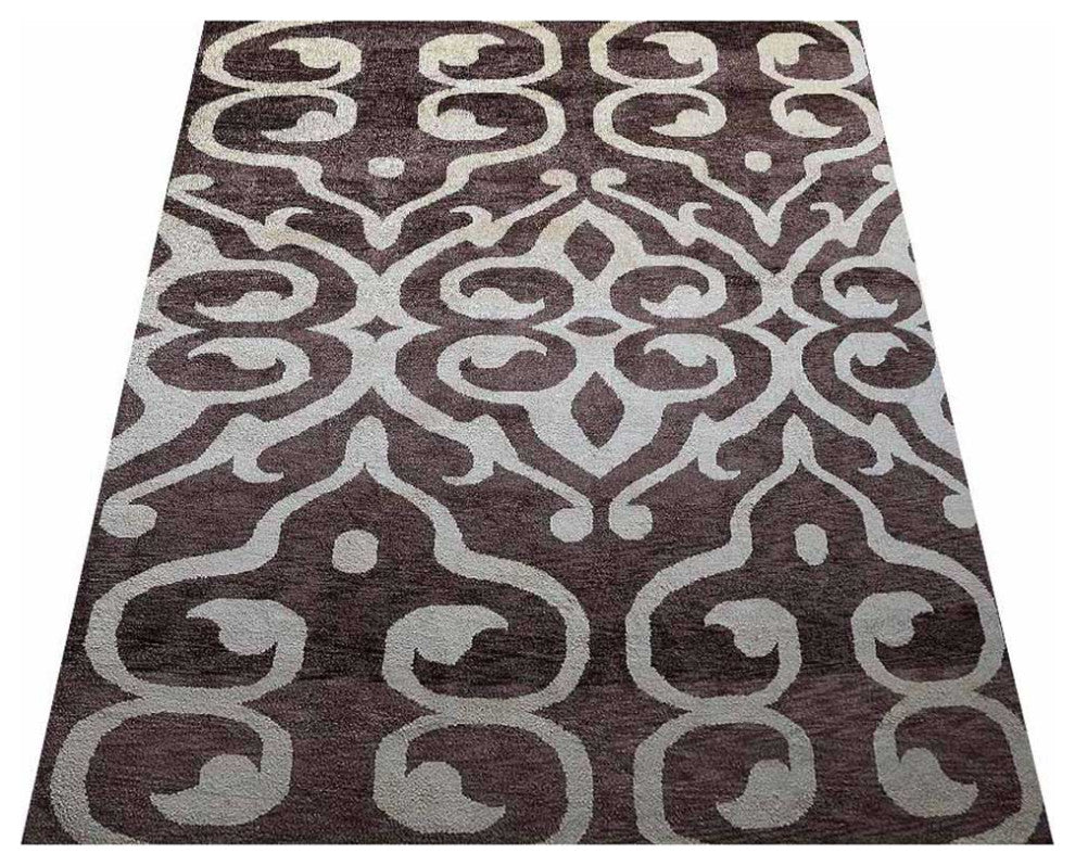 Hand Knotted Silk Area Rug Contemporary Brown Beige