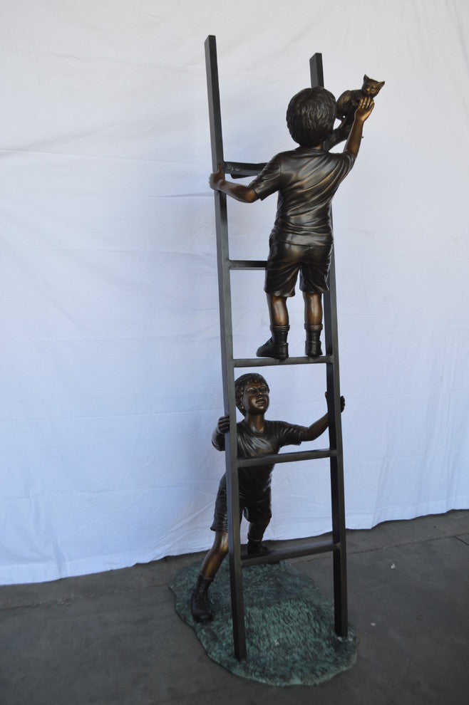 Two Kids Climb a Ladder Saving a Cat Bronze Statue -  Size: 35"L x 24"W x 81"H