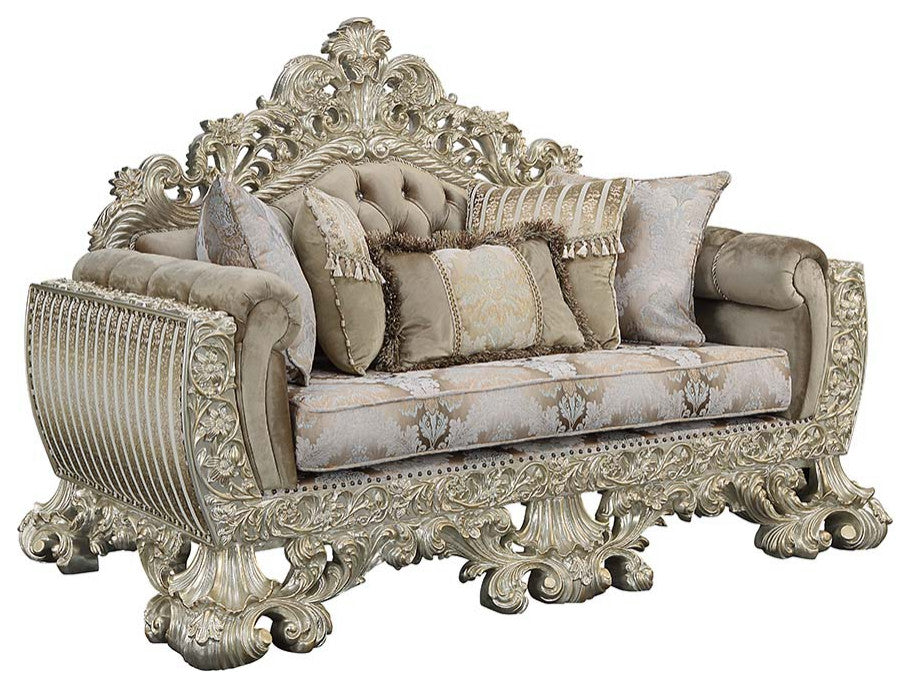 Acme Sorina Loveseat With 5 Pillows Velvet Fabric and Antique Gold Finish