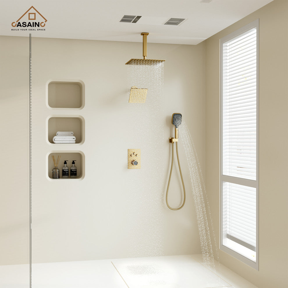 CASAINC 12" Ceiling Mounted Rainfall Shower System Set w Dual Shower Head, Brushed Gold