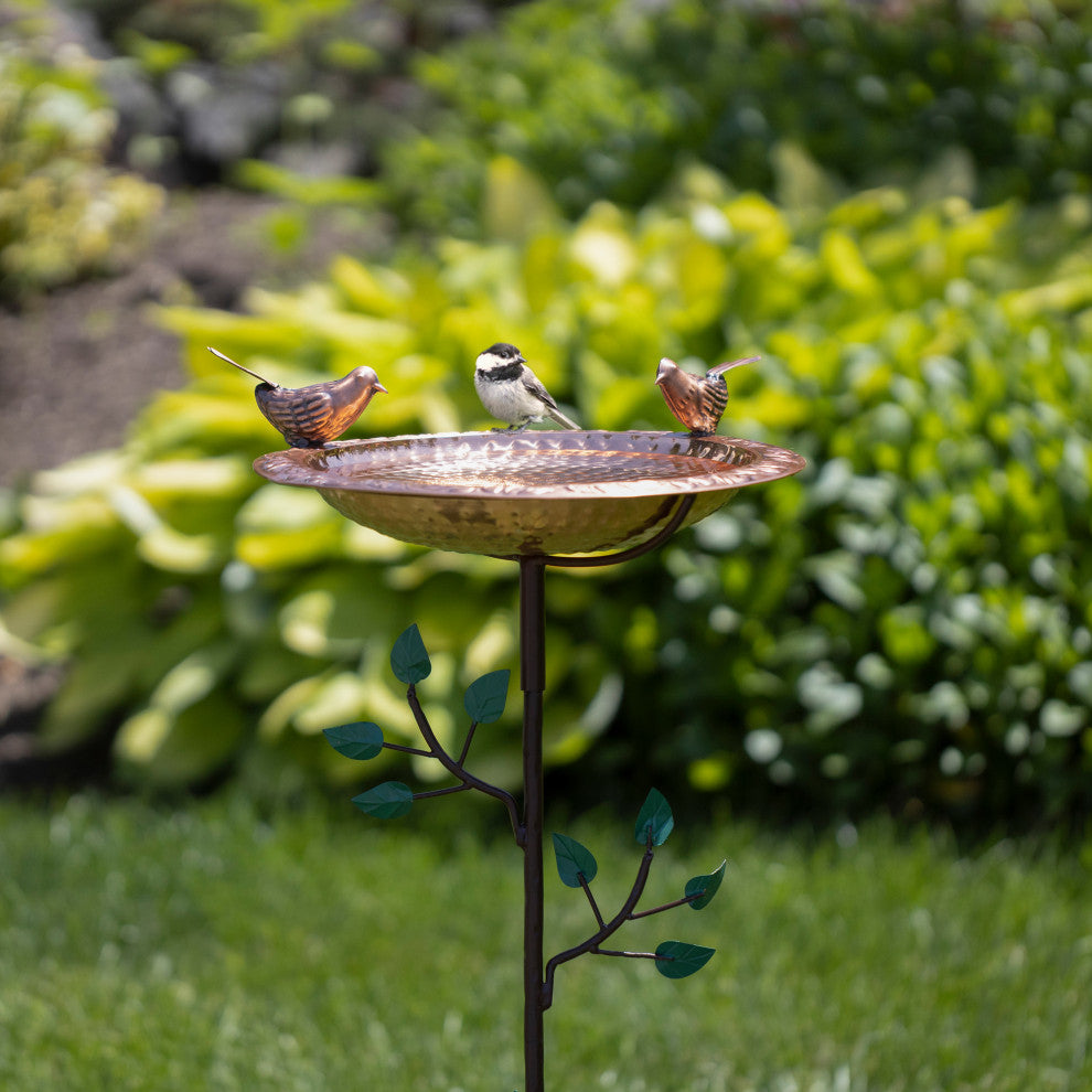 Pure Copper Bird Bath With 2 Copper Birds and Tree Theme Multiprong Garden Pole