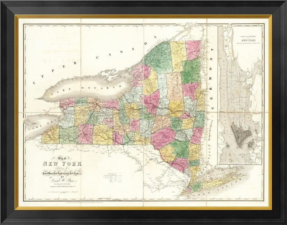 "Map of New York, 1839" Framed Canvas Giclee by David H. Burr, 34x27"