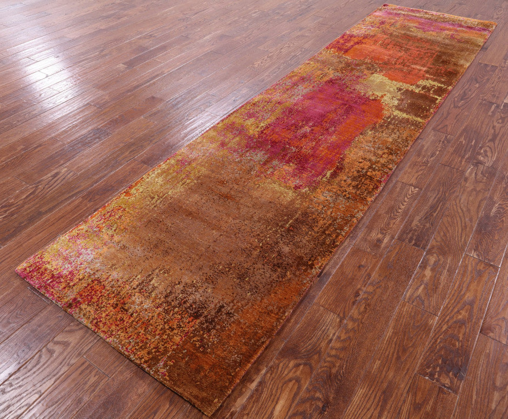 Runner Abstract Hand-Knotted Silk Rug 3' 1" X 12' 1" Q9089