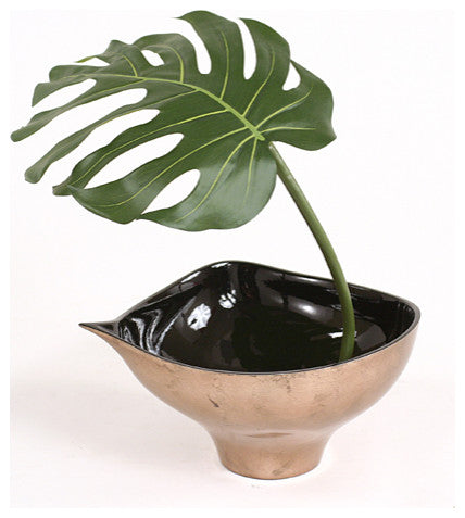Single Philodendron Leaf with Black Rocks in Bronze-Finish Leaf Bowl