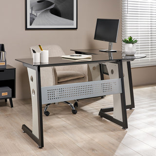 GDF Studio Orion L Shaped Office Desk with Tempered Glass Top