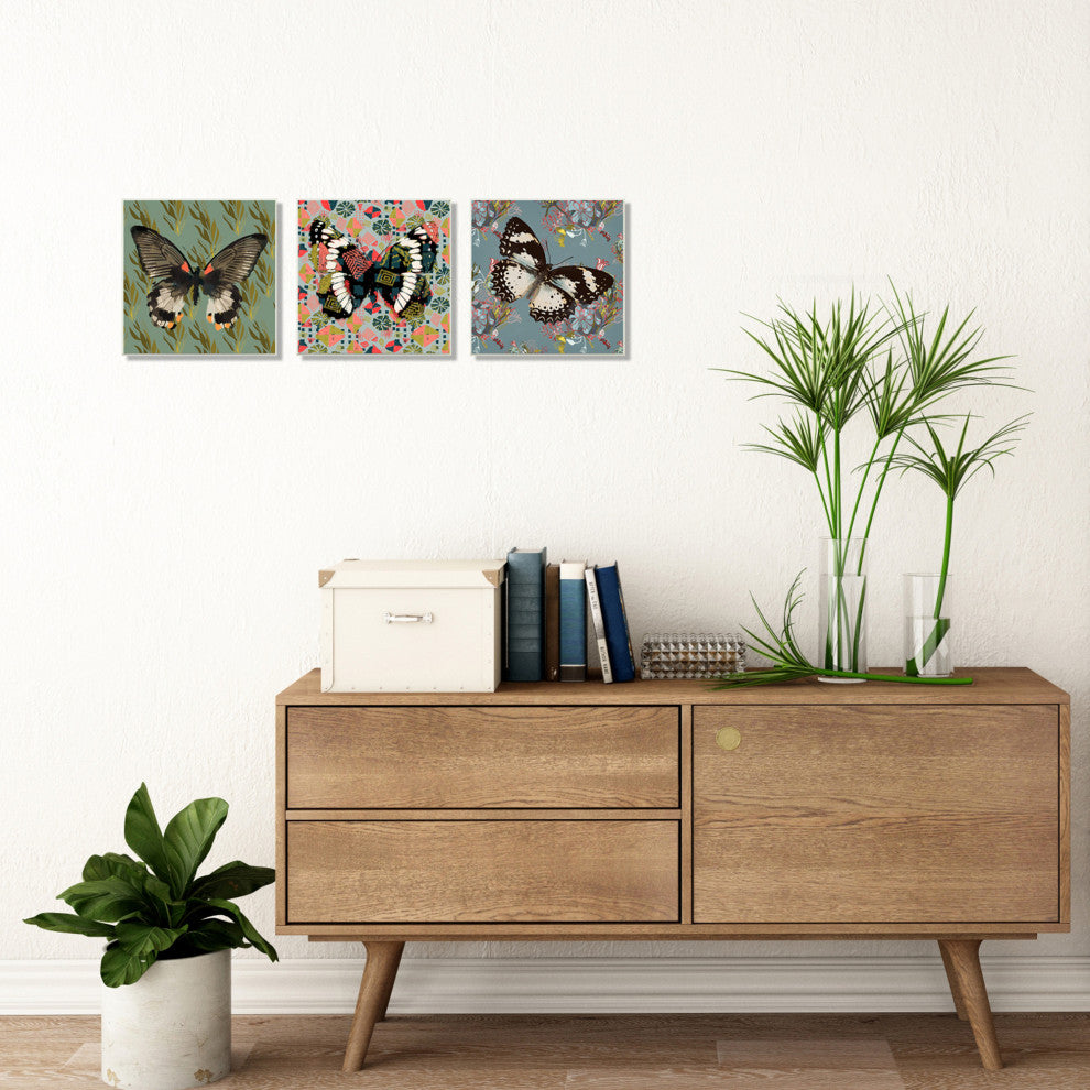 Butterflies On Pink Blue Gold Patterns Abstract Designs 3-Piece Set, 17"x17"