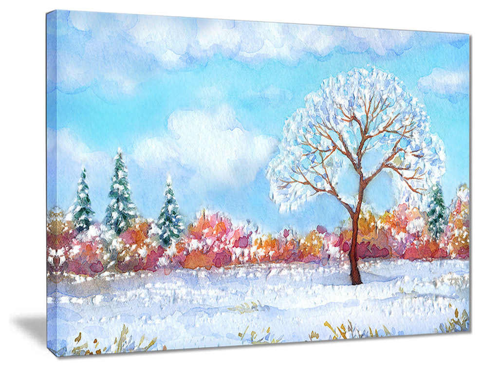 "Tree in Winter Watercolor" Painting Landscape Canvas Print, 20"x12"