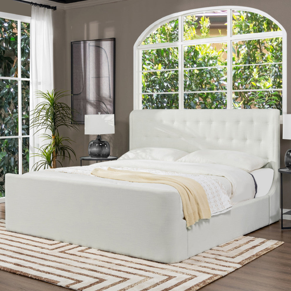 Brooks Contemporary Tufted Shelter Platform Bed, Antique White Polyester, King