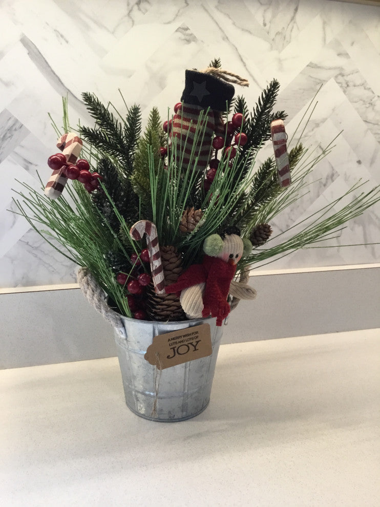 Christmas Galvanized Bucket Centerpiece with Snowman