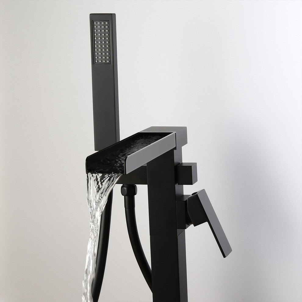 Modern Waterfall Freestanding Bathroom Bathtub Faucet Floor Mount Tub Filler, Matte Black