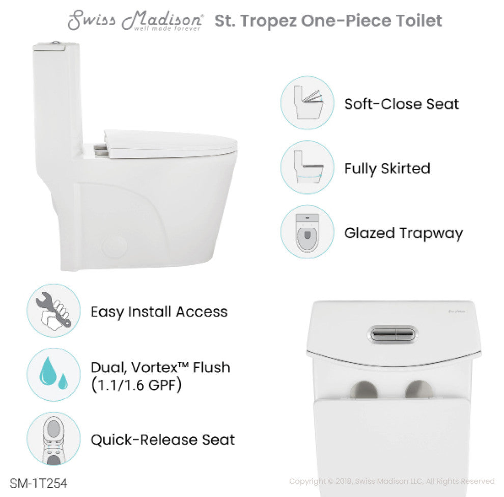St. Tropez Elongated Toilet, Dual Vortex Flush, Glossy White