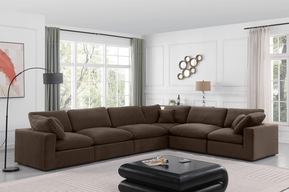 Comfy Upholstered L-Shaped Modular Sectional, Brown, 6-Piece: 3 Armless Chair, 3 Corner Chair, Velvet