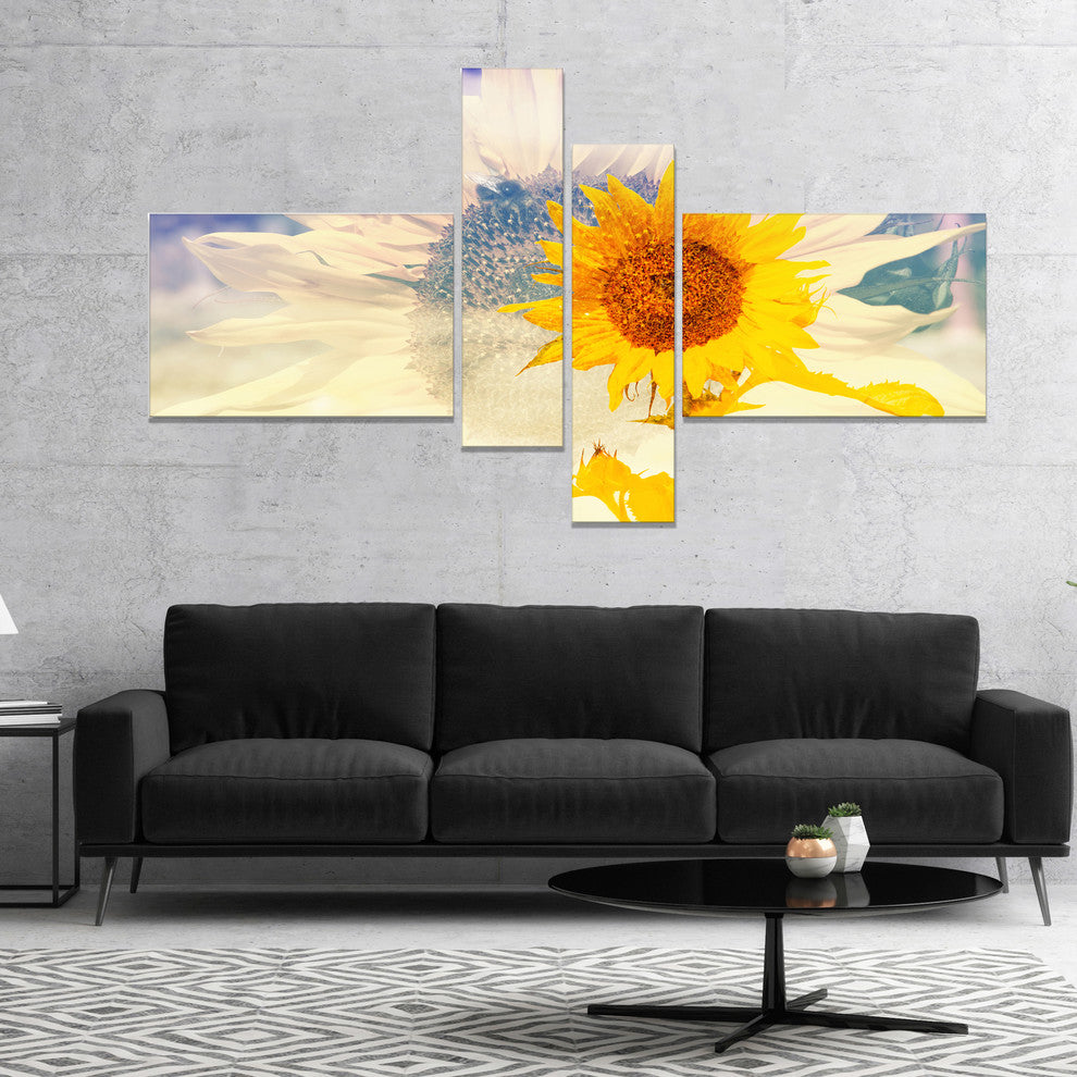 Double Exposure Yellow Sunflowers, Floral Canvas Art Print, 60"x32", 4 panels