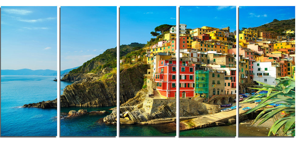 Riomaggiore Village Rocky Beach, Seascape Canvas Art Print, 60"x28", 5 Panels