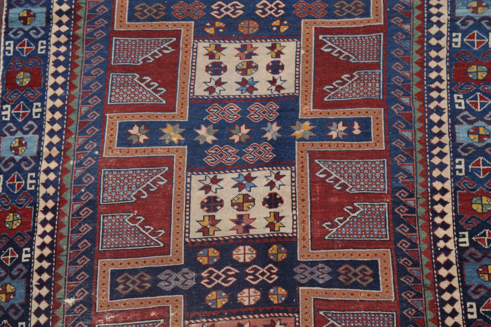 Consigned, Antique Russian Oriental Traditional Hand-Knotted Area Rug, Blue, 3x4