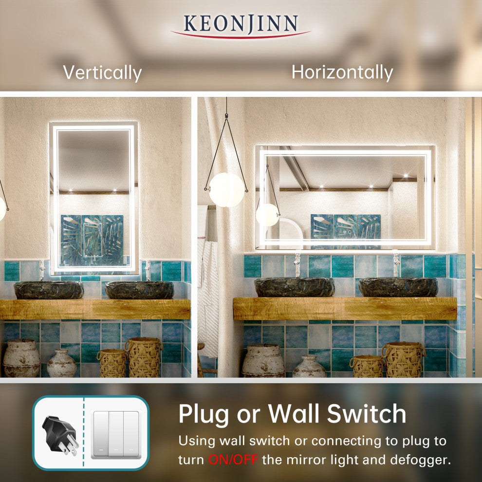 LED Bathroom Mirror, Anti-Fog Memory Dimmable IP54 Waterproof, 48"x30"