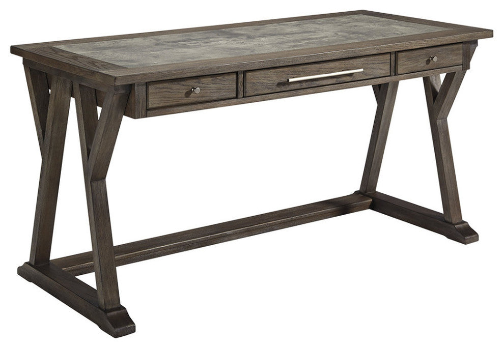 Benzara BM190136 3 Drawer Wood Desk with Cross Brace & Faux Bluestone Top, Gray