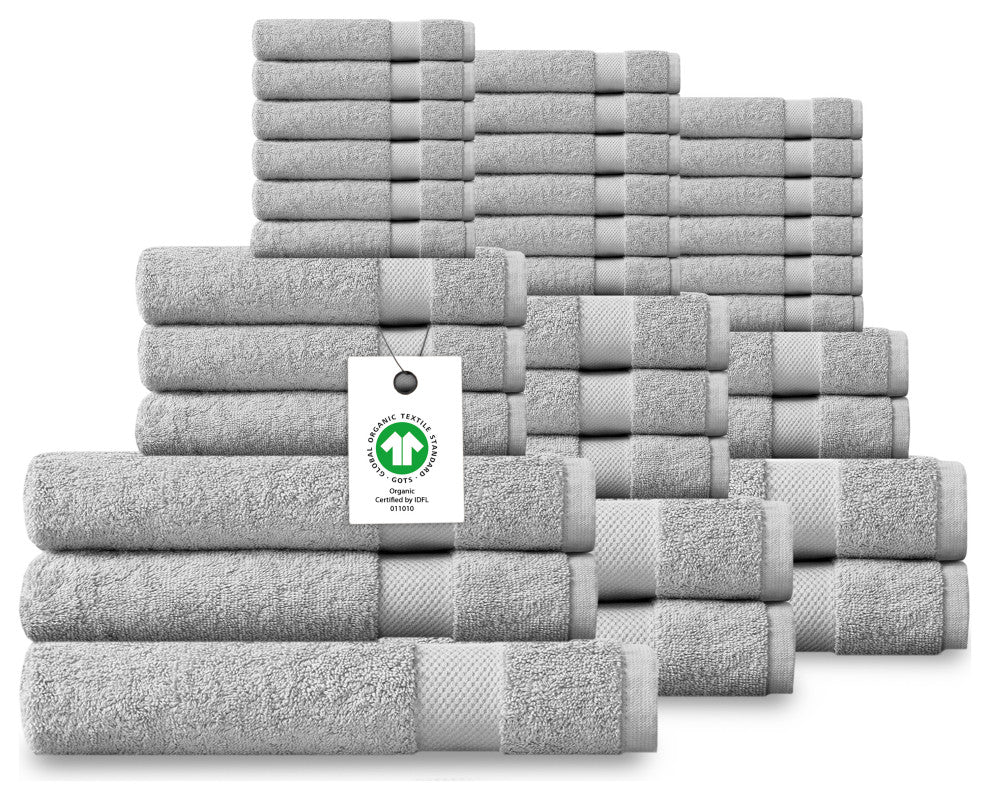 Delara 33-Piece 100% Organic Cotton Plush Bath Towel Sets, 36"x70", Light Grey