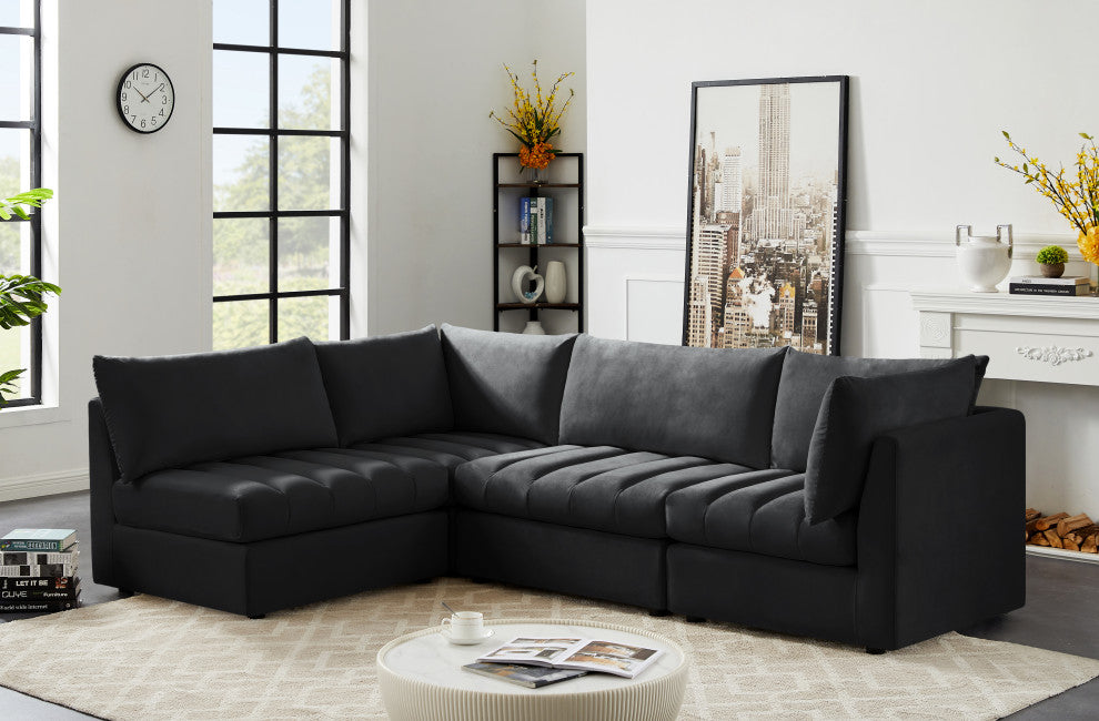 Jacob Velvet Upholstered 4-Piece L-Shaped Modular Sectional, Black