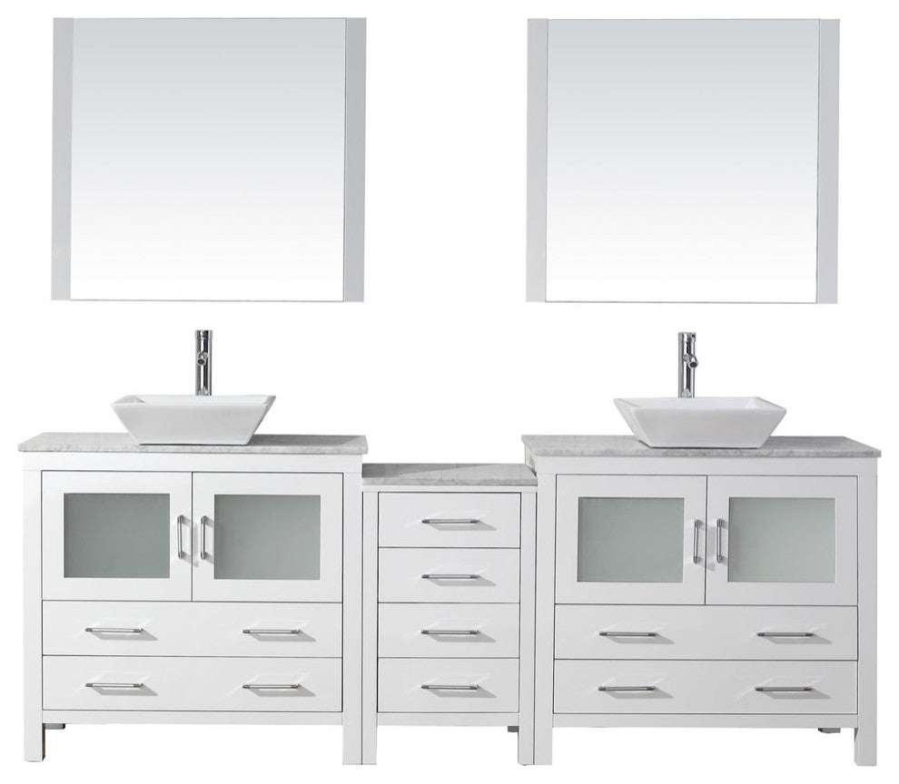 Virtu Dior 82" Double Bathroom Vanity, White With Faucet and Mirrors