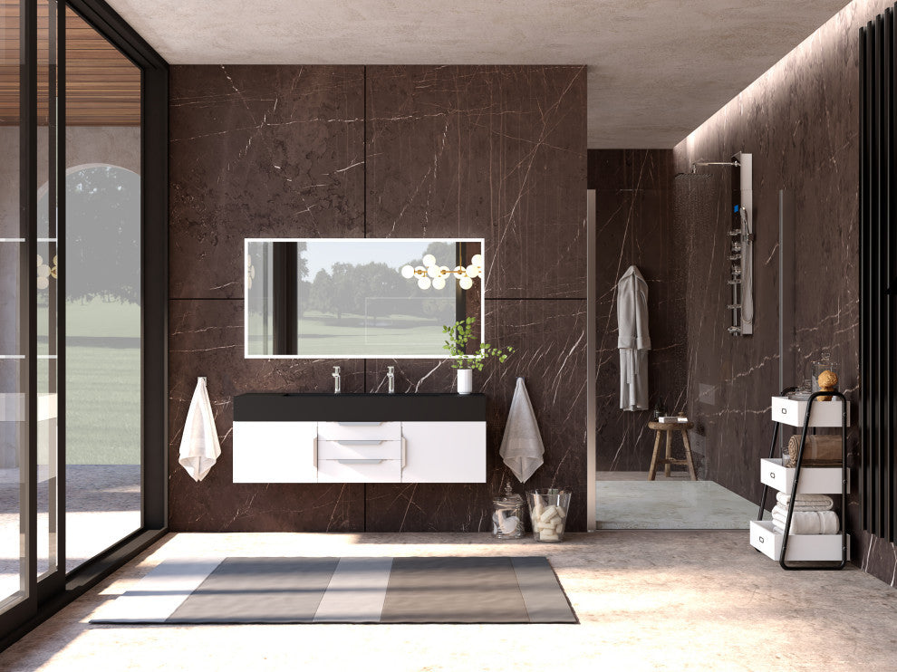 CastelloUSA Nile 60" Wall Mounted Vanity Set, White, Black Top, Chrome Handles