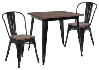31.5" Square Metal Table Set with Wood Top and 4 Stack Chairs, Black