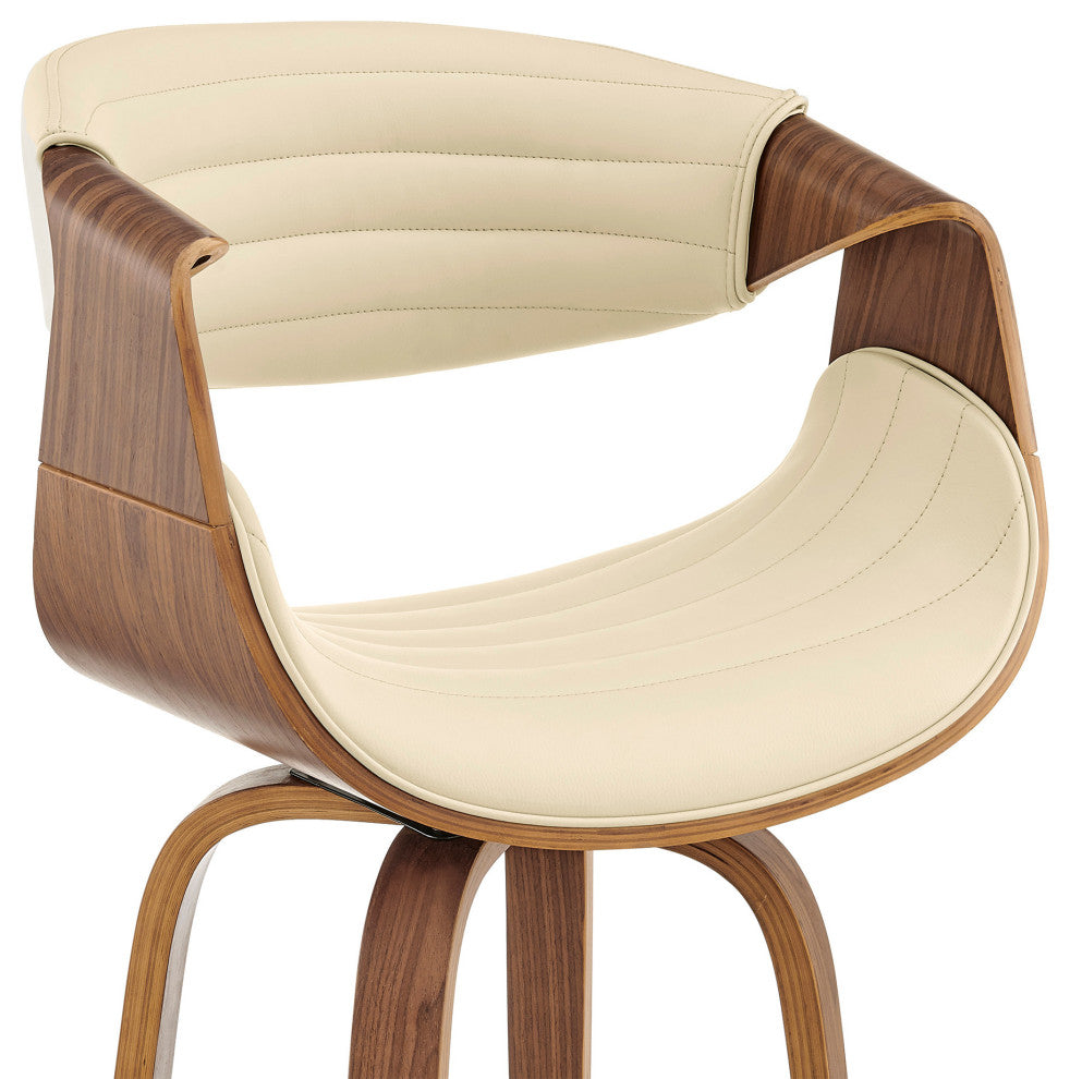 26" Cream Faux Leather and Walnut Wood Retro Chic Swivel Counter Stool