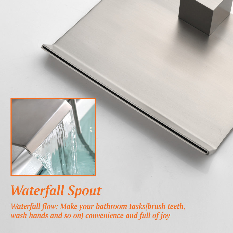 Wellfor Shower Faucet Set, Waterfall Tub Spout and Hand Shower, Brushed Nickel