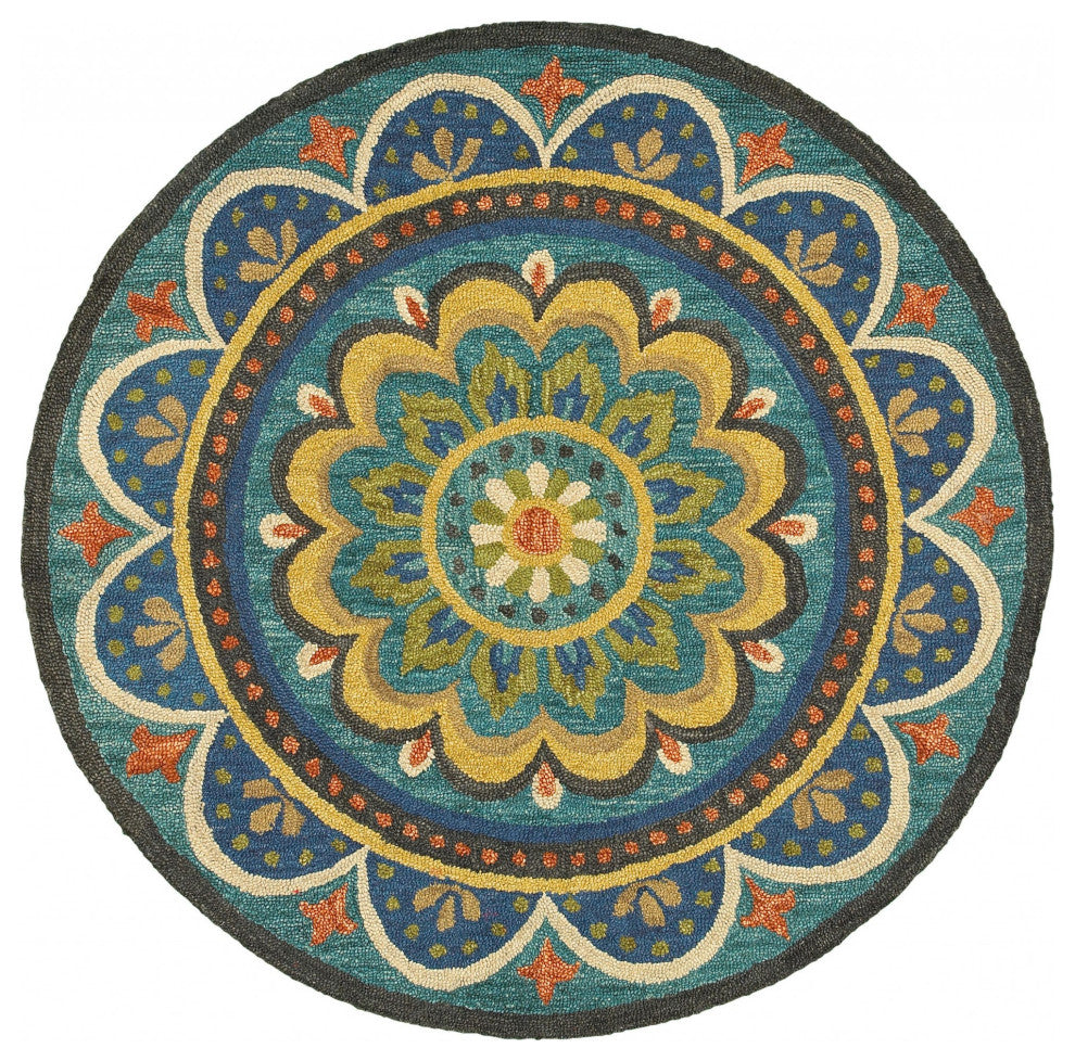 6' Blue Round Wool Geometric Hand Tufted Area Rug