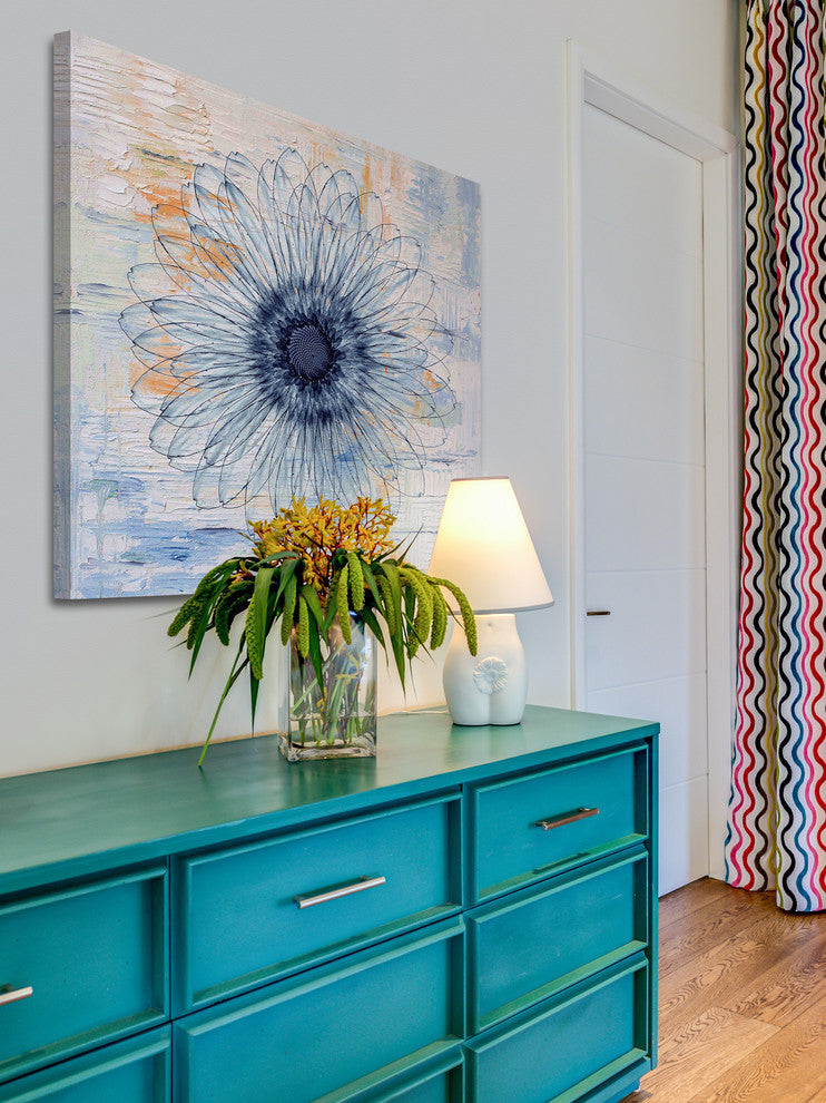 "Blue Burst Bloom" Painting Print on Wrapped Canvas, 18"x18"