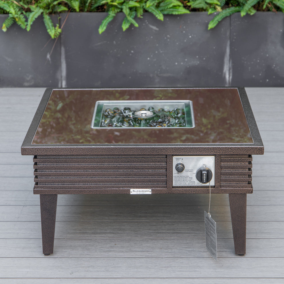 LeisureMod Walbrooke Patio Conversation Set With Fire Pit Table, Charcoal