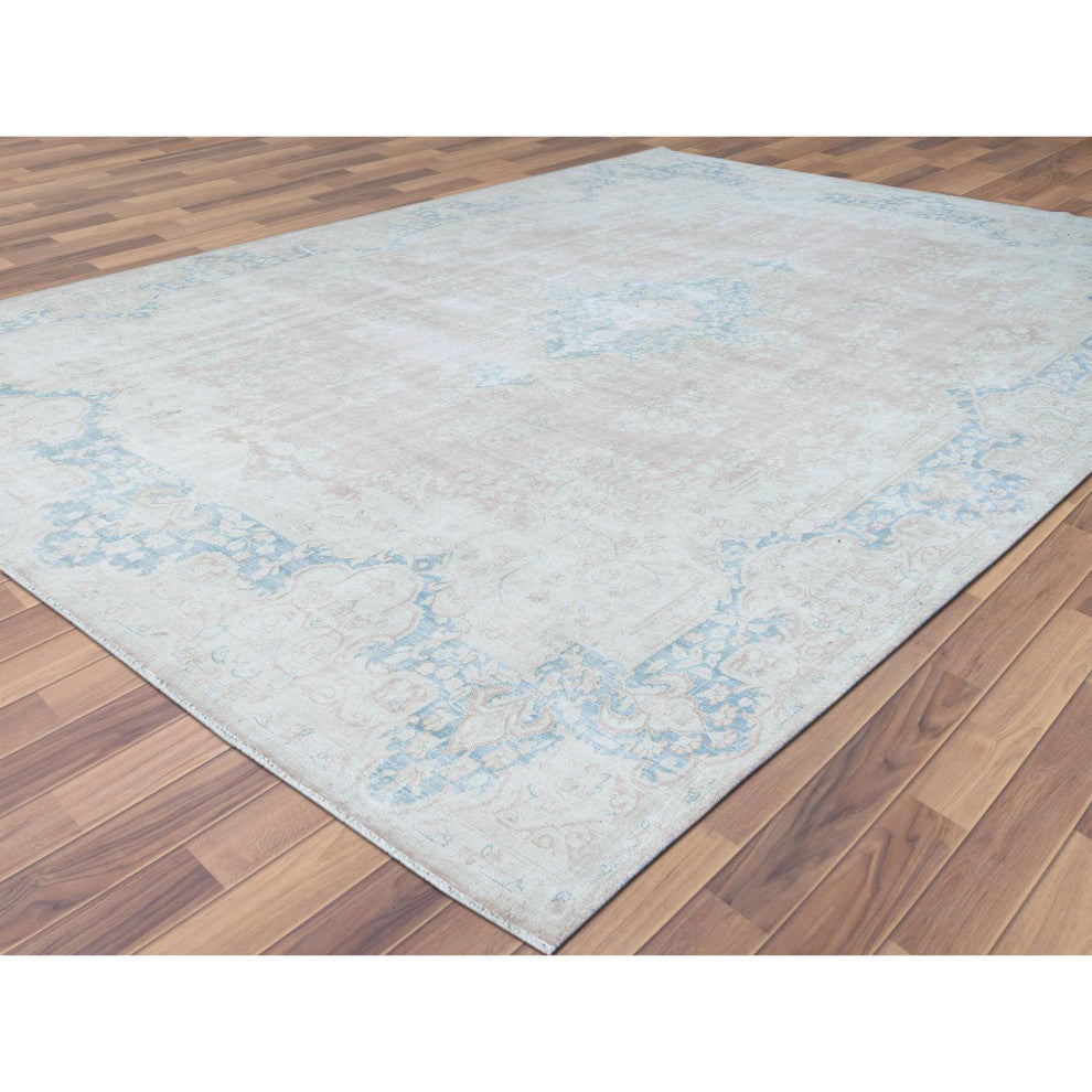 Worn Wool, Hand Knotted, Pink, Vintage Persian Kerman Rug, 9'9" x 13'3"