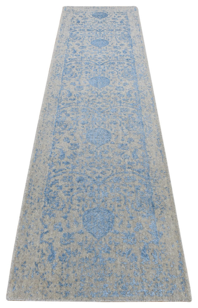 Blue Jacquard Hand Loomed Wool/Silk Pomegranate Design Runner Rug 2'5"x10'1"
