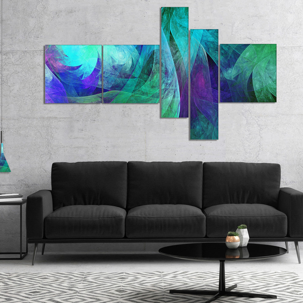 Green Fractal Abstract Pattern, Abstract Art on Canvas, 60"x32", 5 panels