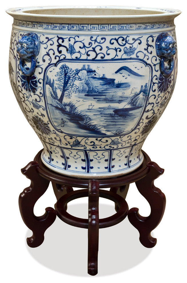 Blue and White Porcelain Fishbowl Planter, Chinese Scenery, Without Wooden Stand