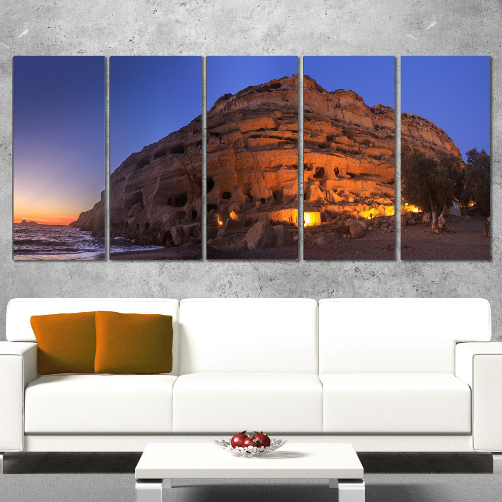 "Sunset on The Matala Beach Greece" Seascape Wall Art, 5 Panels, 60"x28"