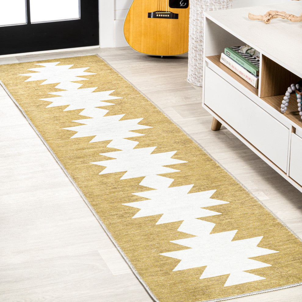 Chayton Minimalist Geometric Machine-Washable Area Rug, Yellow/Cream, 2x8