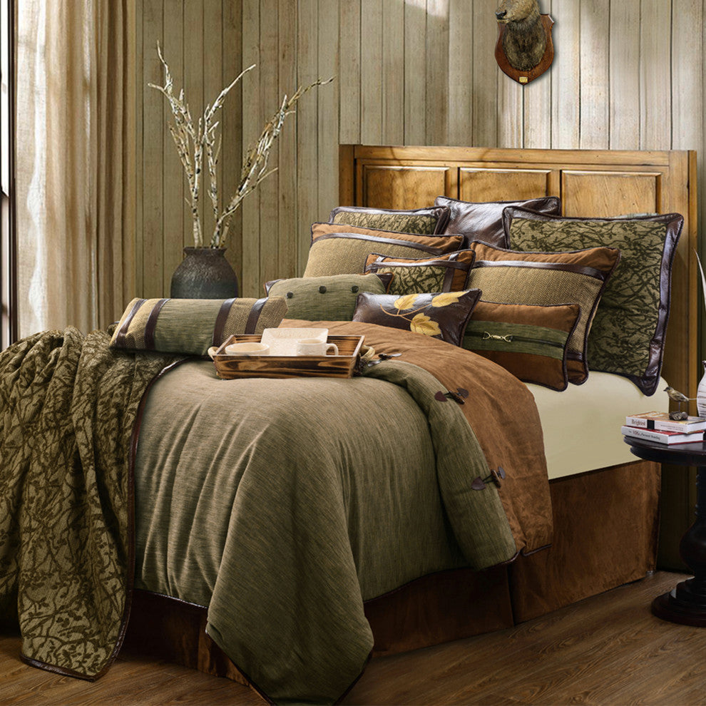 Highland Lodge Olive Brown Rustic Bedding 5 Piece Comforter Set, Super King