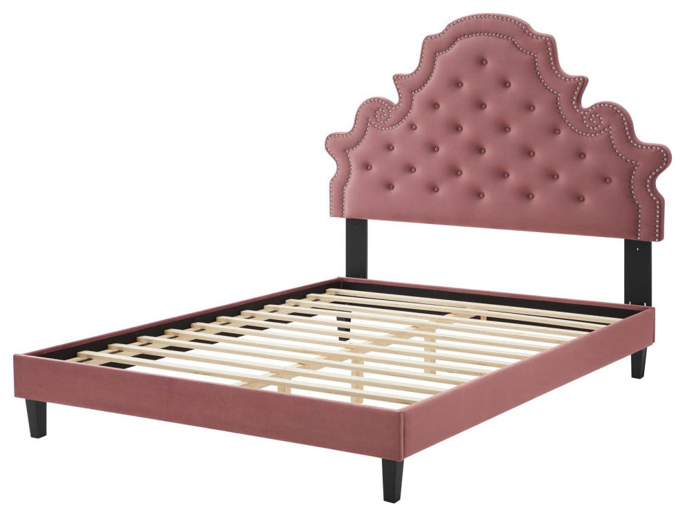 Tufted Platform Bed Frame, Queen Size, Velvet, Pink, Modern Contemporary