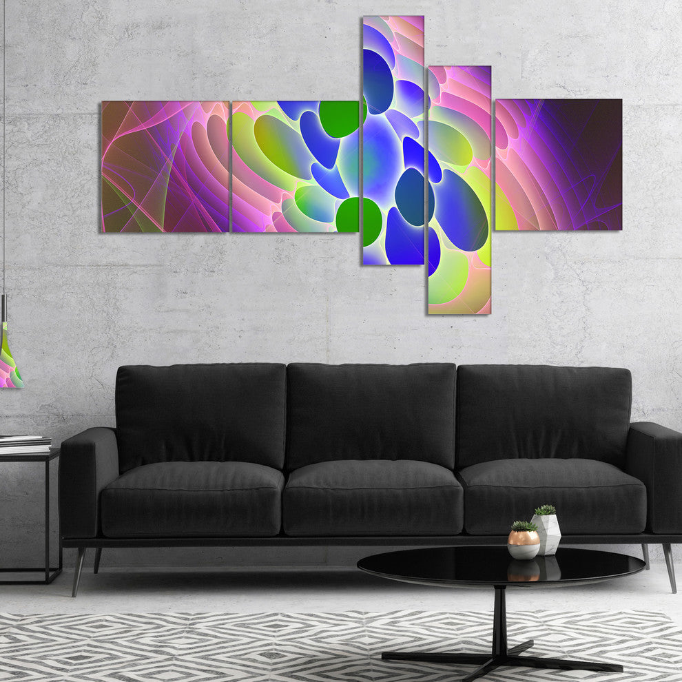 Blue Green Fractal Virus Design, Abstract Art on Canvas, 60"x32", 5 panels