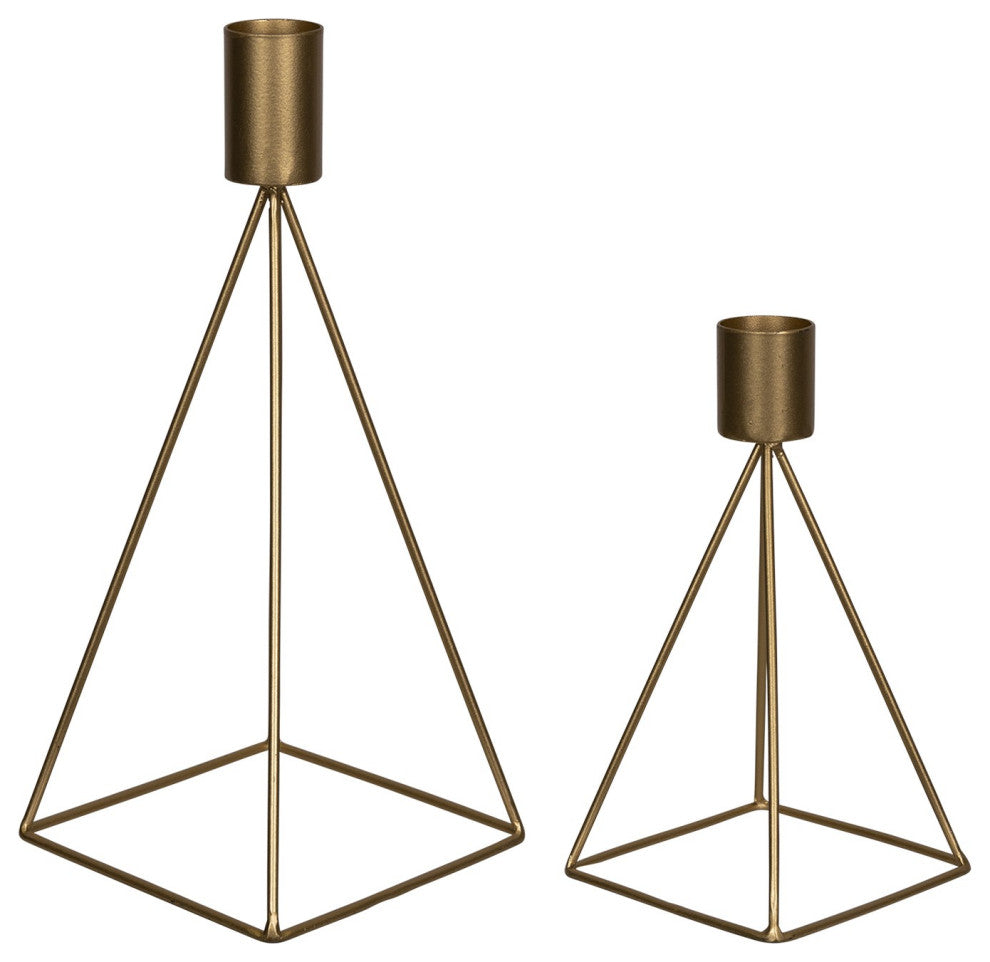 Set of Two Gold Metal Geometric Candle Holders