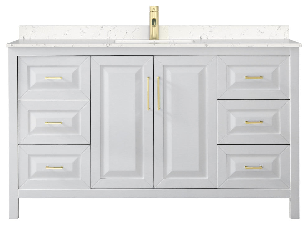 60" Single Vanity White, Light-Vein Carrara Cult Marble Counter, Sink, Gold Trim