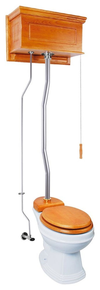 Light Oak High Tank Toilet With Round White Porcelain Bowl and Satin Z-Pipe