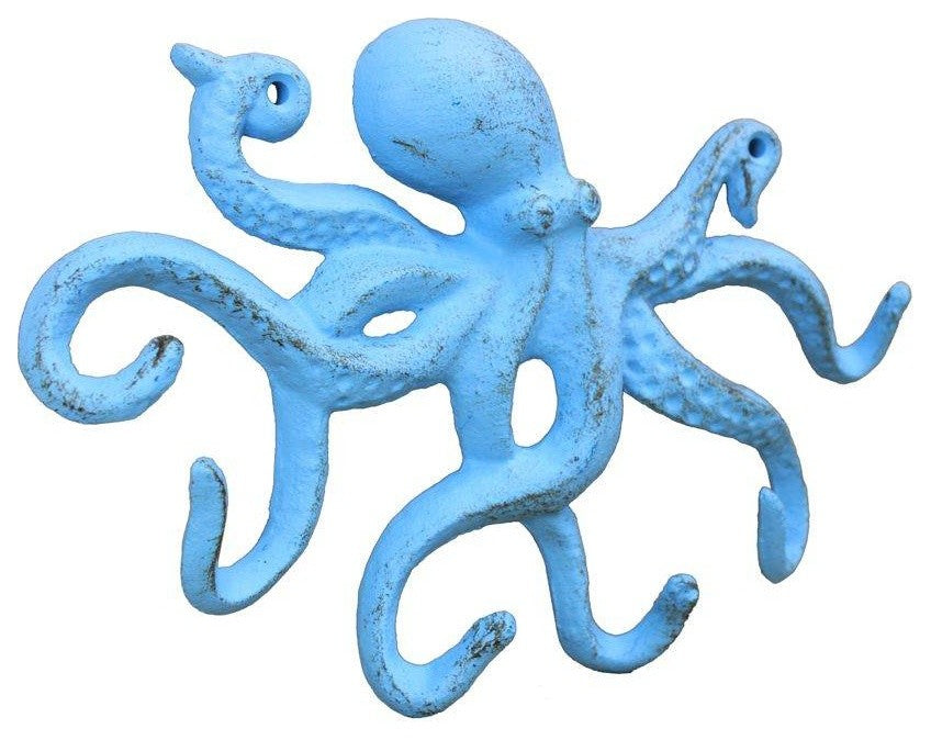 Rustic Light Blue Cast Iron Octopus Hook 11'', Beach Decoration, Vintage Cast