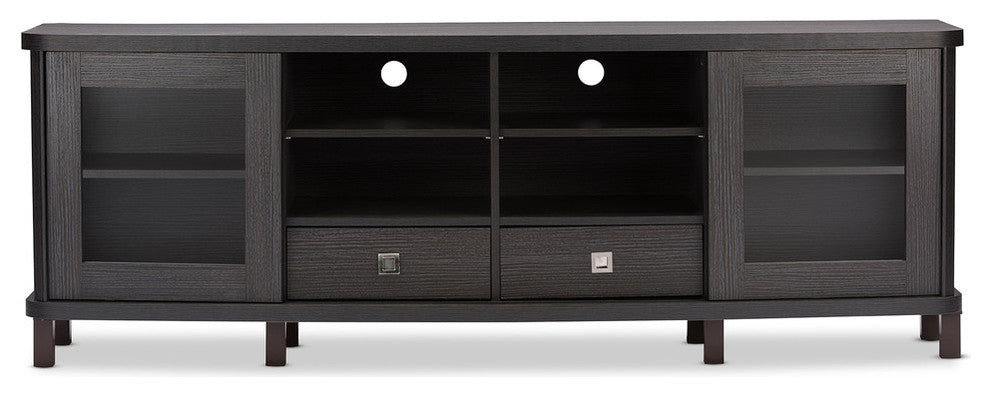 Walda 70" Dark Brown Wood TV Cabinet With Sliding Doors and Drawers