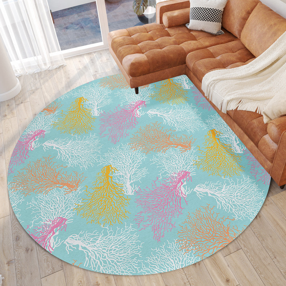 Indoor/Outdoor Seabreeze SZ3 Teal Machine Washable 8' x 8' Round Rug